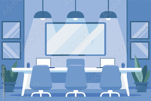 A modern minimalist conference room with a large screen and seating