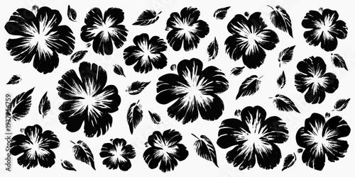 Black and white illustration of scattered hibiscus flowers and green leaves