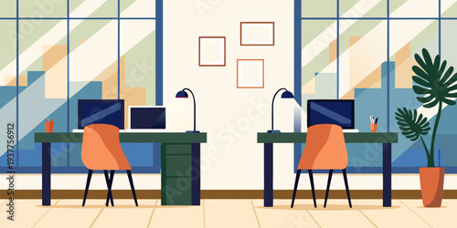 Modern office workspace with two desks and large windows