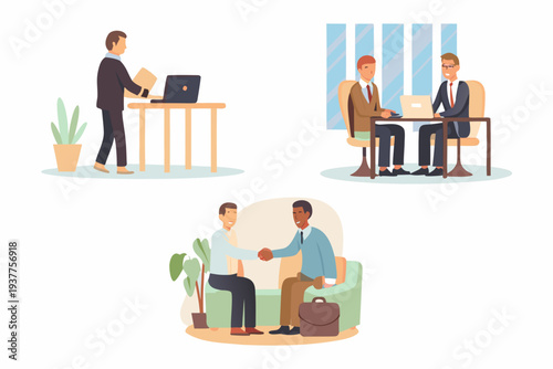 Business professionals collaborating presenting and networking in modern office spaces