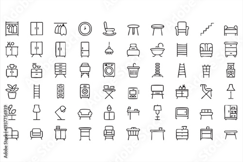 Minimal outline home furniture icons for interior planning interfaces