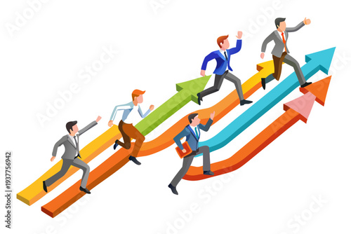 Businesspeople racing upwards on colorful isometric arrow pathways towards success