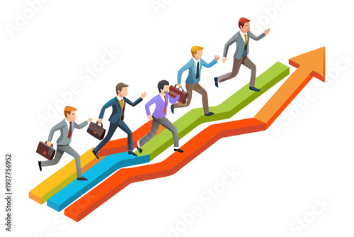 Businesspeople race upwards on a colorful arrow representing growth and success