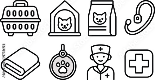 Outline icons for pet care and veterinary services pet carrier dog house