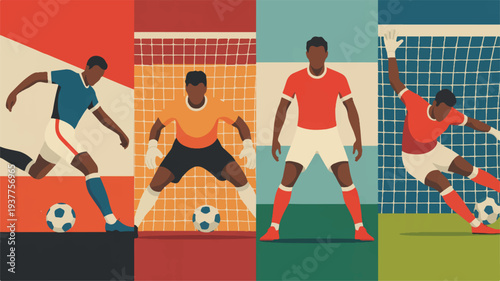 soccer players in different poses on various colored backgrounds kicking ball