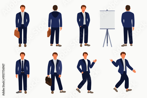 Diverse group of businessmen in various poses and formal attire