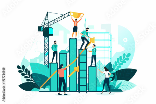 Teamwork and success people climbing steps toward a golden trophy