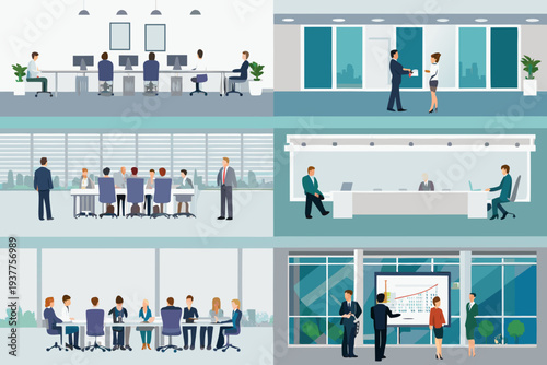 Modern office spaces depict diverse business interactions and meeting settings