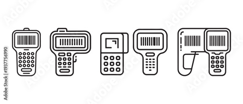 Barcode Scanners Collection. Various Handheld Devices for Data Capture & Inventory Management, Vector Icons.