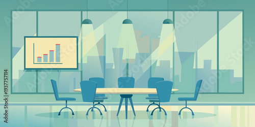 Modern conference room with a cityscape view and presentation display
