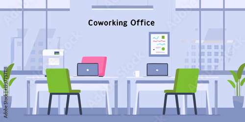 A brightly colored illustration depicting a modern coworking office space