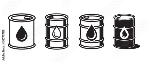 Oil Barrels Icons Set. Black and White Illustrations of Fuel Drums with Drop Symbol, Representing Energy and Industry.