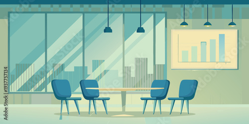 Modern conference room with a city view and presentation board