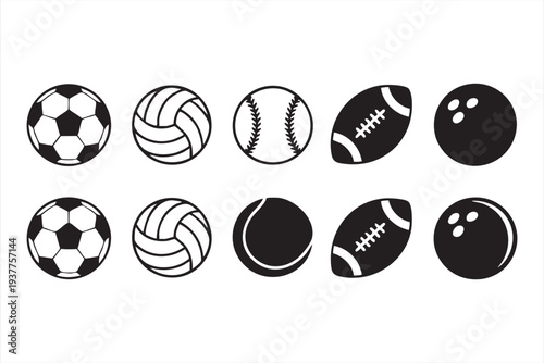 Black and white sports balls icon collection for athletic branding design
