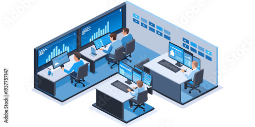 Isometric illustration of a modern control room with data analysts