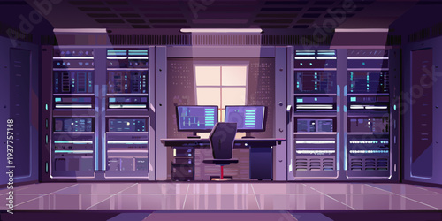 A brightly lit server room with rows of racks and a workstation