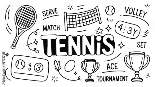 Tennis illustration with racket ball net and trophies