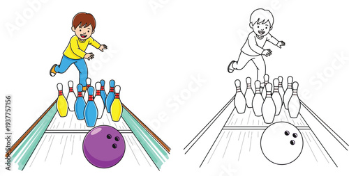 Cute little boy playing bowling on alley cartoon illustration with black and white outline coloring page version