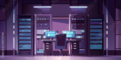A brightly lit server room with a person working at a console