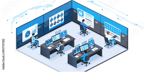 Isometric illustration of a modern data analytics and business intelligence workspace