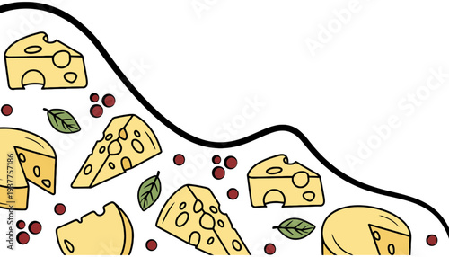 A cheese vector illustration with various slices and wedges on a white background