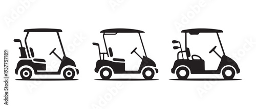 Golf Carts Lined Up Side by Side, Minimalist Iconography Set, Isolated on White Background.