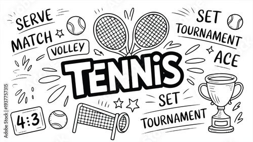 Tennis illustration with rackets balls and trophy