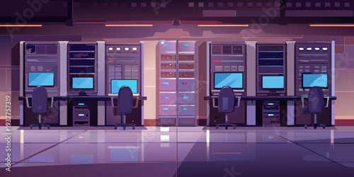 A brightly lit server room with multiple computer workstations and server racks