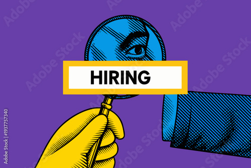 A hand holding a sign displaying hiring over a partially visible face