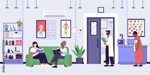 A brightly lit hospital waiting room with patients and medical staff