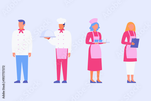Restaurant staff illustration featuring chefs servers and a happy customer