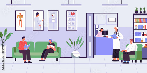 A brightly colored hospital waiting room with patients and medical staff