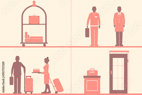 Hotel staff and services illustration featuring luggage and room amenities