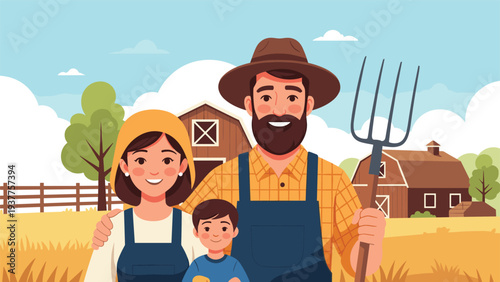 Happy farmer family standing together in front of their rural farm with barns and golden fields under a bright sunny sky during harvest.