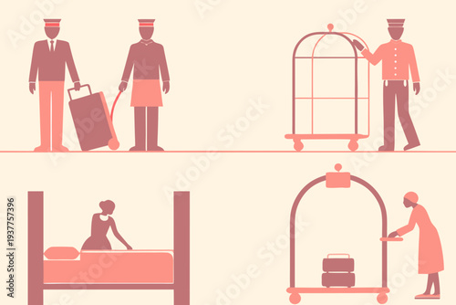 Hotel staff silhouettes depict various service roles within hospitality