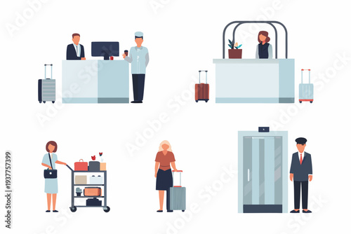 Hotel lobby scene with guests staff and luggage illustrations