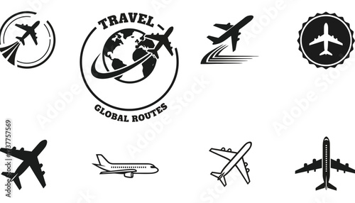 Airplane vector icons and travel logos for global routes and transportation