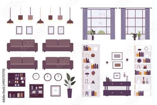 Interior design elements sofas windows shelves and decorative objects