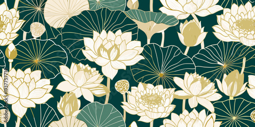 Elegant botanical pattern featuring golden lotus flowers on a dark teal background