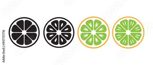 Citrus Slices Vector. Black and White Versus Vibrant Green Limes and Oranges, Simple Flat Icons.