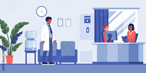 A doctor interacts with receptionists at a modern healthcare front desk