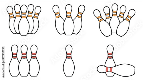 Various bowling pins in different formations on white background