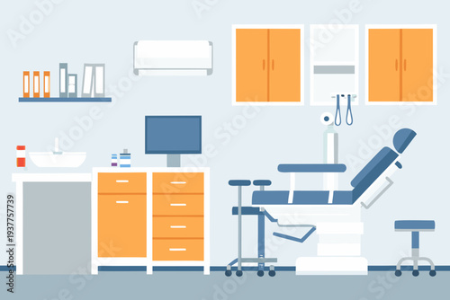 A brightly colored modern dental office examination room illustration
