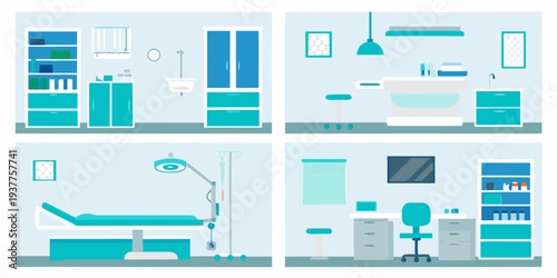 A collection of illustrated hospital room interiors in shades of blue
