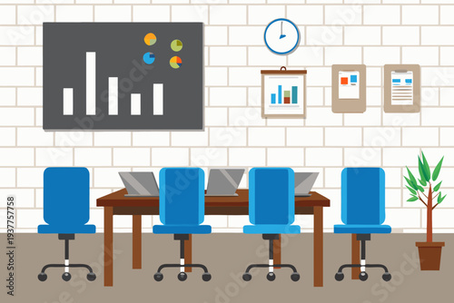 Conference room setup with a presentation board laptops and blue chairs