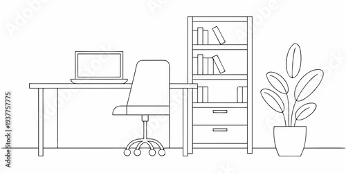 Minimalist line drawing of a home office workspace with plant