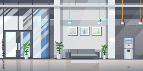 Modern office lobby with minimalist furniture and plant decorations