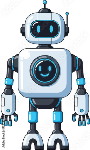 Cute robot character with smiley face standing alone on white background
