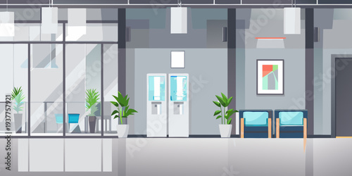 Modern office interior with large windows plants and seating areas