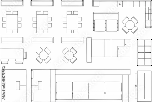 Overhead view of various furniture arrangements in a minimalist style